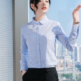 Women's Blouses Blue Striped Blouse Spring Autumn Women Office Career Shirts Fashion Lapel Long Sleeve Button Up Shirt Woman Elegant Slim
