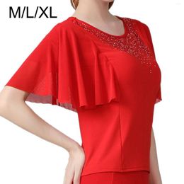 Stage Wear Elegant Women Ballroom Dance Tops Bell Sleeves Short Sleeve Blouse Rhinestones Neckline For Cha Rumba Waltz Latin Tango