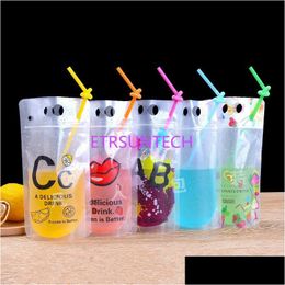 Packing Bags 500Ml New Design Plastic Drink Packaging Bag Pouch For Beverage Juice Milk Coffee With Handle And Holes St Lx0741 Drop Dhdw0