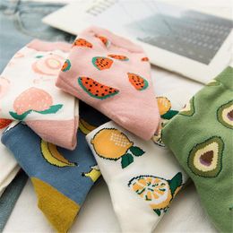 Women Socks Korean Cute Fruit Cartoon Avocado Banana Watermelon Lemon Soft Cotton Funny Street Christmas Gift Dropship