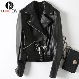 Women's Leather & Faux Spring Autumn Brand Sheepskin Zip Womens Motorcycle Short Jackets High Quality Genuine Slim Fit Office Ladies Coats