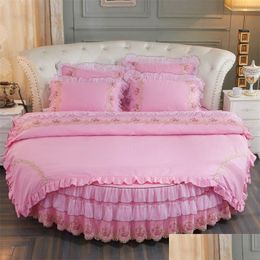 Bedding Sets 100 Cotton Round Bed 4 Pcs Embroidery Tassels Lace Edge Pillowcase Duvet Er Fitted Sheet And Skirt 200Cm 220Cm Drop Del Dhlkj