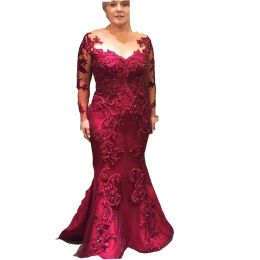 Vintage Koyu Kırmızı Denizkızı Anne Elbiseler şeffaf mücevher boyun aplike Boncuklar Uzun Kollu Gelin Damat Partisi Akşam Düğün Konuk Gowns