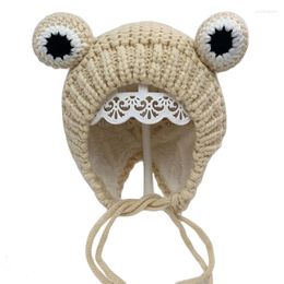 Berets Kids Baby Winter Chunky Cable Knitted Beanie Hat Cute Cartoon Frog Shaped Warm Plush Lined Outdoor Windproof Toddler