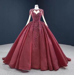 Burgundy Lace Ball Gown Gothic Wedding Dresses Long Sleeves lace-up Corset Back Heavily Beading Non White Coloured Bridal Gowns Couture