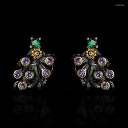 Stud Earrings 2023 Purple Zircon Flower Women's Elegant Classic Black And Gold Two-tone Party Jewellery Irregular