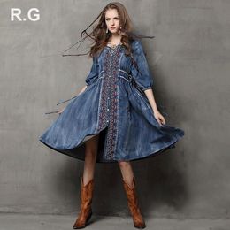Party Dresses Bohemian Long Denim Dress Women Big Size National Style Embroidery Summer Autumn With Sashes Vestidos Verano 2023