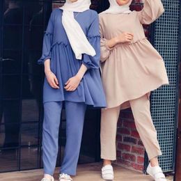 Ethnic Clothing Two-Piece Set Soild Islamic Loose Fit Mid-Long Women Muslim Tops With Pants Abaya Suit Casual Clothes Ramadan 2Pcs