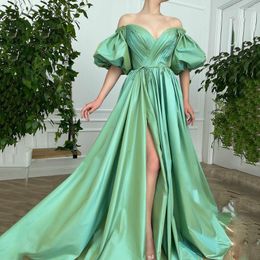 Party Dresses Funyue Elegant Sweetheart Prom 2023 Charming High Split Short Puffy Sleeves Evening Gown A-Line Satin Vestidos De Gala