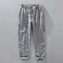 Men's Pants 1320 Linen Striped For Men Summer Fashion Elastic Waist Japan Style Simple Casual Slim Thin Ankle Length Trousers