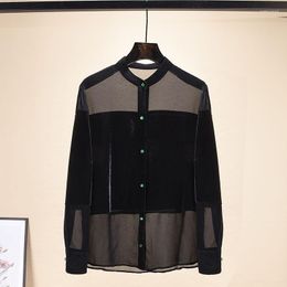 Women's Blouses Fashion Sexy Sheer Mesh Spliced Button Blouse Autumn Women's Clothing Round Neck Casual Long Sleeve Solid Color Female