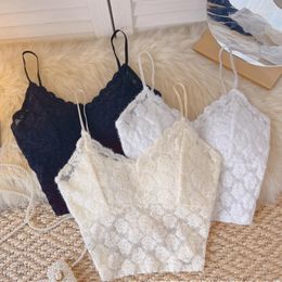 Women's Tanks French Shirts Kawaii Lace White Camisoles With Padded Sweet Rose Tight Crop Tank Tops Lolita Floral Bra For Sexy Women