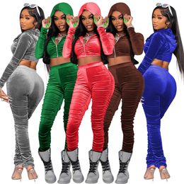 2024 Designer Fall Winter Velvet Tracksuits Women Sweatsuits Long Sleeve Hooded Jacket and Stacked Pants Two Piece Sets Outfits Casual sports suits Sporswear 8389