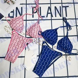 Gold Chain Bikini Full Letter Swimwear Sexy Womens Bathing Suit Pink Blue Swimsuit Sister Swim Wear