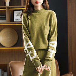 Women's Tracksuits Wool Suit 21 Autumn Winter Half High Neck Pullover Letter Color Matching Ladies Sweater Knitted Two-Piece Skirt