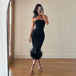 Casual Dresses 2023 Women Elegant Black Party Strapless Backless Bodycon Summer Dress Sexy Corset Top Midi With Feather