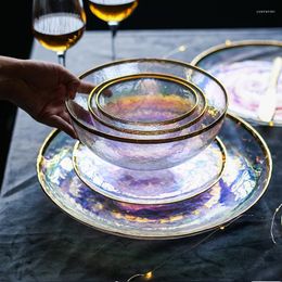 Plates Colorful Painted Gold Glass Bowl Dish Seven Color Transparent Hammer Grain Dessert Steak Plate Salad Fruit Dinnerware