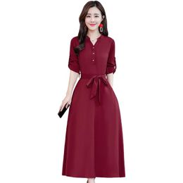 Casual Dresses 2023 Summer Autumn Female Buttons O Neck Long Sleeve Solid Black Red Loose Big Size Maxi Dress Women Fashion Trendy