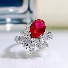 Cluster Rings 925 Silver Synthetic Ruby Ring Oval 7 9 Flower Design Advanced Women's