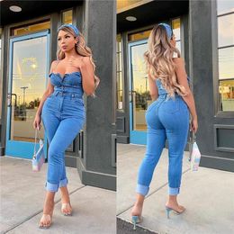 Pants Summer 2023 Sexy Spaghetti Strap Backless Jeans Denim Jumpsuit Playsuit Fashion Bodycon Rompers Overalls Plus Size Outfits