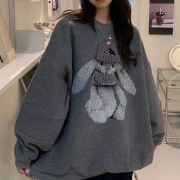 Womens Hoodies Sweatshirts Harajuku Street Winter Sweatshirt Woman Kawaii Rabbit Pattern Warm Loose Pullover Stylish Casual Hip Hop Hoodie Streetwear 230113