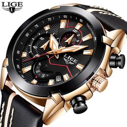 Wristwatches LIGE Business Men Watch Top Leather Waterproof Sports Quartz Chronograph Reloj Hombre 2023