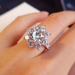 Wedding Rings Luxury Sun Flower Ring 2 Carat Diamond Lotus Ring Women Fancy Wedding Rings Sterling Silver Fine Jewelry Set 230113