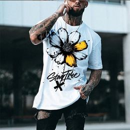 Men's T Shirts Summer Street Wear Harajuku Short Sleeve T-Shirt White Sunflower And Letter Print Leisure Breathable Large Siz246S