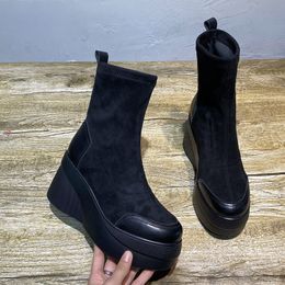 Сапоги осенние весенние женские туфли женская платформа для ботинков круглой ноги сапог зимний эластичный черный клин удобный бота 230114