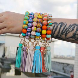 Keychains Fantasy Colorful Silicone Beaded Keychain With PU Leather Tassel Original Jewelry Beads Wristlet Bracelets For WomenKeychains