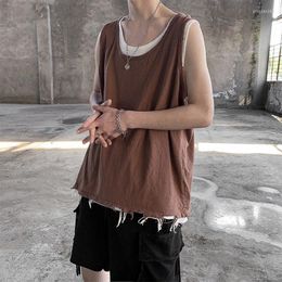 Men's Tank Tops Summer Ins Fashion Brand Personality Pure Colour Sports Vest Boys Loose And Versatile Trend Ragged Shoulder BF Sleeveless