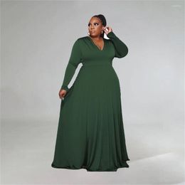 Plus Size Dresses Elegant Sexy Full Length Dress For Women Fall V Neck Long Sleeve Pleated Max Vestidos Lady Streetwear Night Party Robe