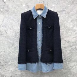 Women's Suits Denim Patchwork Women Fashion Lapel Tweed Blazers Korean Single Breasted Buttons Tassel Navy Blue Blazer Coats B268