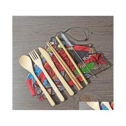 Flatware Sets 6 Designs Bamboo Set 7Pcs/Set Portable Cutlery With Cloth Bag Dinnerware Knife Fork Spoon Chopsticks St Tableware Drop Dh91B