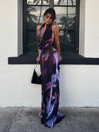 Casual Dresses Backless Maxi Dress Women Sexy Purple Print Halter Bodycon Dress Summer Beach Outfits Elegant Sleeveless Club Party Dress 230113