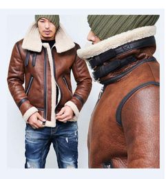 Men's Fur Men Winter Belt Faux Leather Jacket High Neck Shearling Coat Wool Lining Tops Long Sleeve Mens Bomber Coats1