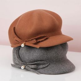 Berets H722 Fashion Leisure Beret Hat Women Autumn Winter Wool Felt Warm Cap Lady Solid Color Korean Pearl Bowknot Elegant Hats