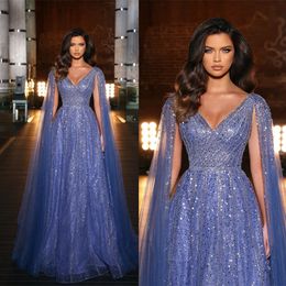 Sparkly A-line Evening Dresses Sleeveless V Neck Capes Beaded 3D Lace Appliques Sequins Floor Length Celebrity Beaded Formal Prom Dresses Gowns Party Dress