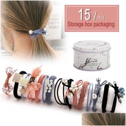 Hair Accessories 15Pcs/Set Pink Lace Pearl Elastic For Women Girls Bow Knot Headbands Set Fashion Hairbands With Tin Dh6Br