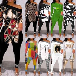 2023 primavera autunno nuove donne stampate pantaloni abiti sexy spalle scoperte maglietta top e leggings vestito 2 pezzi set coordinati