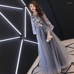 Ethnic Clothing Elegant Appliques Beading Tulle Long A Line Prom Dresses 2023 Women Round Neck Floor Length Evening Gowns