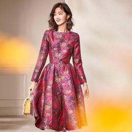 Casual Dresses 2023 Ly Spring Autumn Women Vintage High Waist Dobby Floral Full Sleeve Dress Woman Clothes Glitters Flower