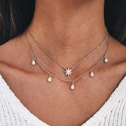 Pendant Necklaces Trendy Rhinestone Star Water Drop Necklace For Women Vintage Double Layer Geometric Clavicle Jewelry YN1294