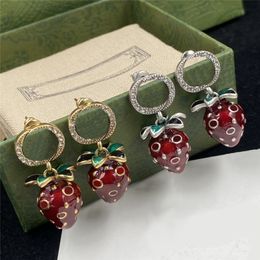 Vintage Strawberry Pendant Earrings Charm Diamond Eardrops Interlocking Letters Studs Personality Crystal Ear Hoops