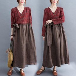 Casual Dresses Retro Dress Women's Autumn Printed Stitching Literary V-Neck Ethnic Loose Linen Lace Up Korean Clothing M714