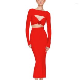 Casual Dresses 2023 Autumn Women's Sexy Red Hollow Out Skinny Midi Dress Elegant Celebrity Club Party Vestidos