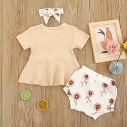 Clothing Sets Born Knitted Casual 3pcs Suit Solid Short Sleeve Ruffles T-shirt Flower Print Shorts Headband Infant Baby Boys Girls Clothes