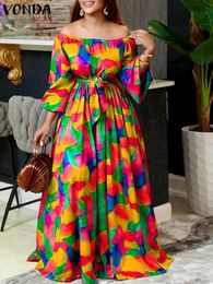 Casual Dresses VONDA Party Dress Oversize Women Autumm Off Shoulder Maxi Evening Dresses Bohemian Elegant Long Sundress Print Vestido Robe 230113