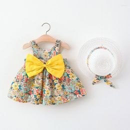 Girl Dresses 2Pcs/Set Flowers Baby Summer Fashion Toddler Girls Children Clothes Beach Dress Kid's Costume Send Hat 0 To 3 Y