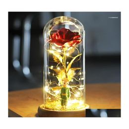 Decorative Flowers Wreaths Artificial Flower Little Prince Rose Eternal 24K Gold Foil Home Decor Glass In Er With Lights For Drop Dhizq